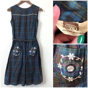 VTG 70s Montgomery Ward Plaid Dress Embroidered Pockets Belted XS Praire